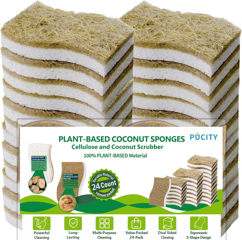 PUCITY Sponges Kitchen Natural Dish Sponge Plant-Based Biodegradable Compostable Cellulose with Coconut Scrubber Sponge Non Scratch Eco Friendly Kitchen sponges for Kitchen Dishes（Pack of 24） - Image 1